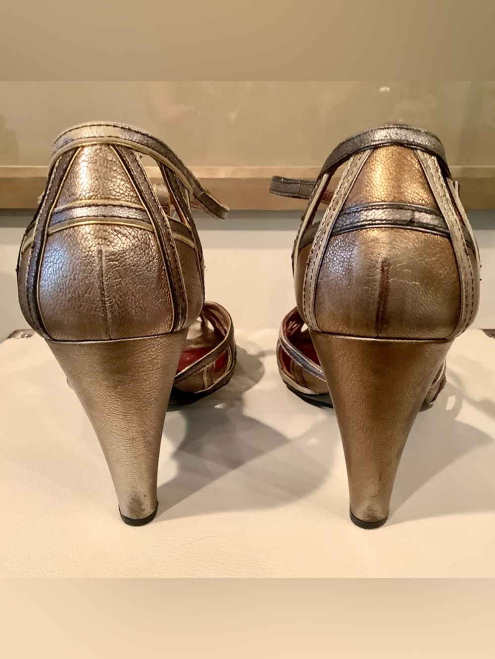 Prada Shoes Metallic Leather T-Strap Heels    Size 8/38 - Picture 4 of 10